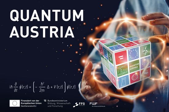 Schriftzug "Quantum Austria", daneben zwei Hände mit Rubiks-Würfel 