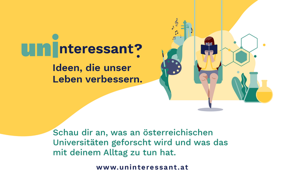 Flächige Grafik mit einer lesenden Frau auf einer Schaukel umgeben von Reagenzgläsern, Musikinstrumenten und anderen Symbolen für Wissensgebiete