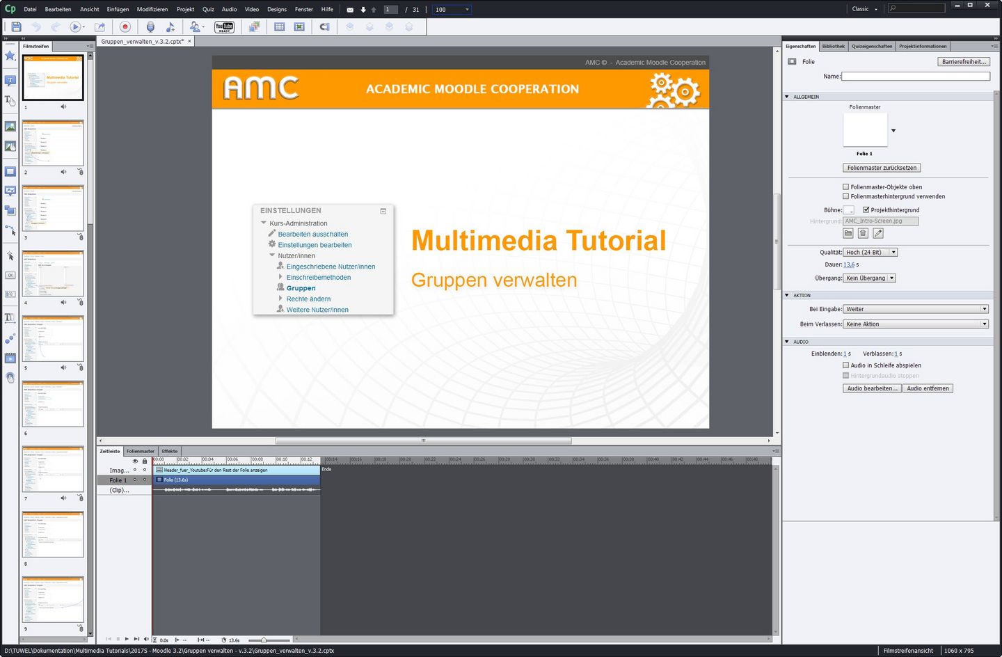 Adobe Captivate Projekt Screenshot eines geöffneten Projekts im E-Learning Autorenprogramm Adobe Captivate