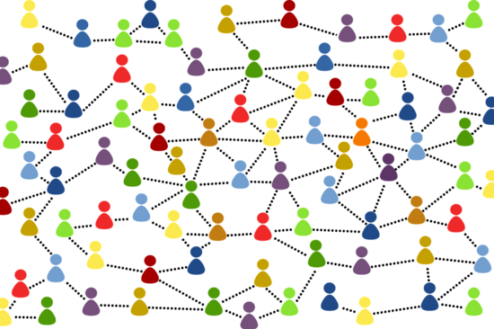 Numerous colorful game pieces are connected by dotted lines, forming a network.