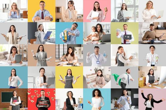 A collage of 30 people in different work situations