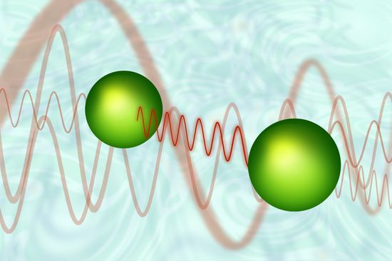 Zwei Atome tauschen ein virtuelles Photon aus - der leere Raum um sie herum ist gar nicht so leer, wie man meinen könnte.