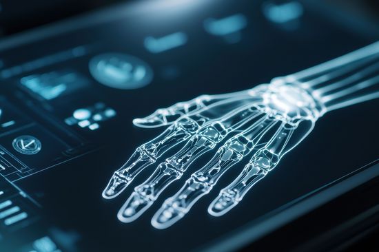 Konzept für biomedizinische Technik. Futuristische Roboterhand, dargestellt auf einer digitalen Schnittstelle mit leuchtenden Elementen.