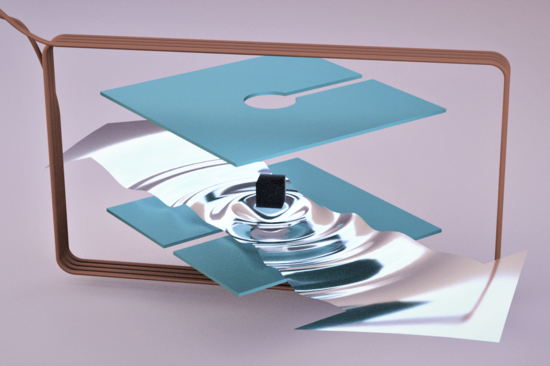 Zwei waagrechte Platten, dazwischen ein kleiner Kubus und ein Pfeil