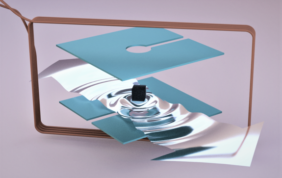 Zwei waagrechte Platten, dazwischen ein kleiner Kubus und ein Pfeil