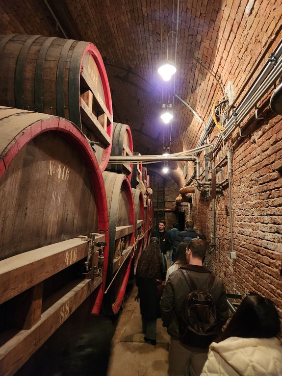 Besuch der Ottakringer Brauerei: Man sieht riesiger Bierfässer in einem Kellergang