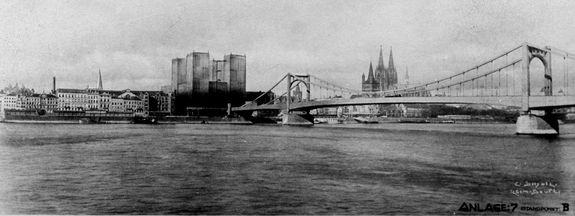 Kaym & Hetmanek, Konkurrenzentwurf für die Gestaltung der linksrheinischen Rampe der Kölner Hängebrücke, 1925, Az W Archiv