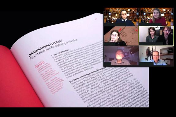 Eine aufgeschlagene Buchseite mit dem Titel "Raumplanung ist Liebe" und einem Videochatfenster mit mehreren Teilnehmenden. 