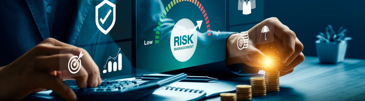 Risk management and financial strategy concept with businessman analyzing investment data and protecting assets, using calculator, digital dashboard to evaluate low, medium, high business risk levels.