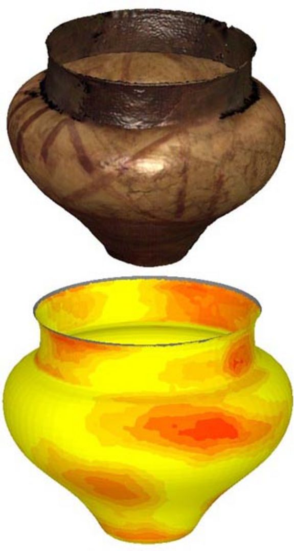Abb. 2: (Oben) Punktwolke mit Textur eines archäologischen Gefäßes aus der Hallstattzeit. (Unten) Rekonstruierte Drehfläche mit Farbcodierung der Abweichungen zum gescannten Modell.