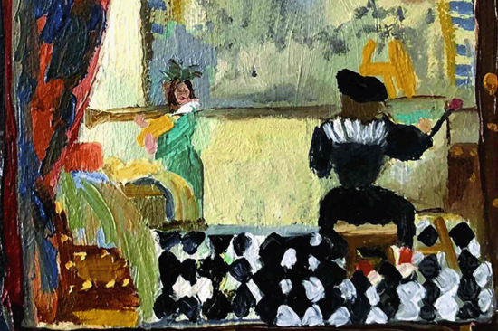 Ölbild mit Maler in Schwarz, dem gerade eine Frau Modell steht. 