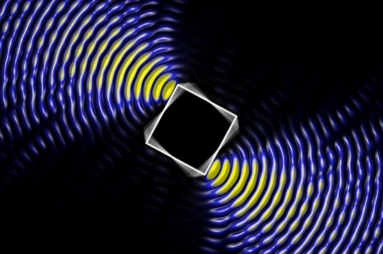 Intensitätsverteilung eines elektrischen Wellenfeldes, das ein wohldefiniertes Drehmoment auf das quadratische Target ausübt. (Download und Verwendung honorarfrei © TU Wien)