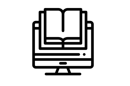 The image shows a computer screen in the background and an open book as an icon above it.