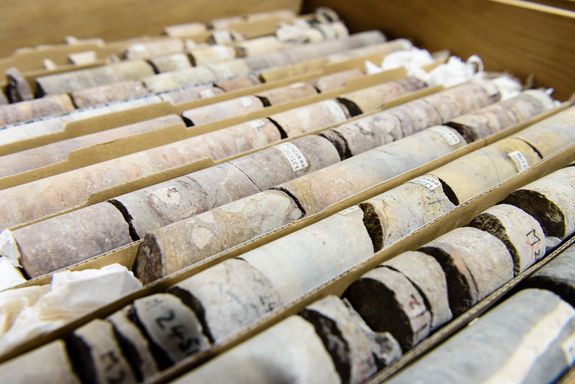 Photo of drill cores (rock samples) in an archive.