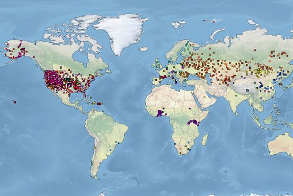 Weltkarte mit allen Institutionen, die Daten für das Projekt beigesteuert haben
