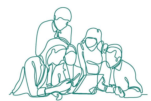 Auf der Illustration ist eine Gruppe von Menschen abgebildet, die alle auf ein papierähnliches A4 Format blicken, das die Frau in der Mitte in Händen hält.