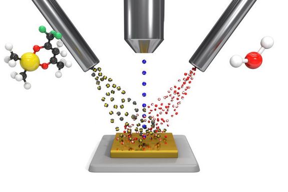 Eine goldhaltige organische Verbindung kommt von links, Wasser von rechts, von oben kommt ein fokussierter Elektronenstrahl.