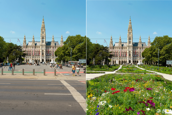 Vorher/nacher Bild: Sicht auf das Wiener Rathaus vom mehrspurigen Ring aus gesehen, einmal mit Straße und einmal mit Blumenwiese über den gesamten Straßen- und Rathausplatzbereich.