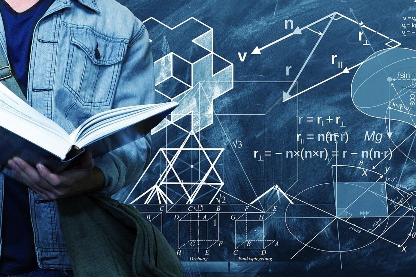 Studierender vor Tafel mit mathematischen Formeln