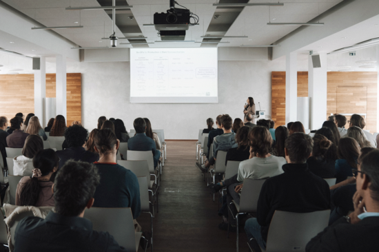 Rückenansicht von Teilnehmer_innen der FemChem Konferenz. Blick durch die Mitte auf Screen mit vortragender Person.
