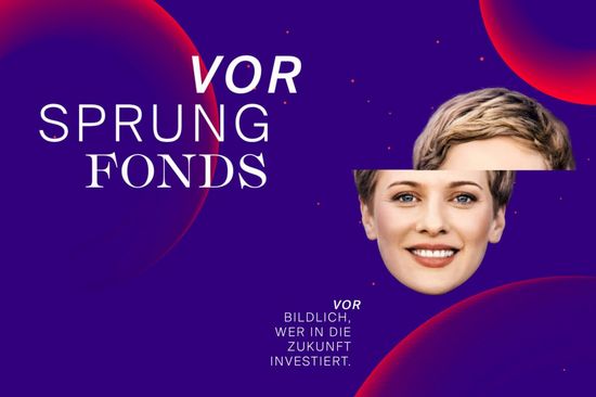 Sujet of Vorsprung Fond. Purple background with woman's head. Text translated from German: "Exemplary who invests in the future." 