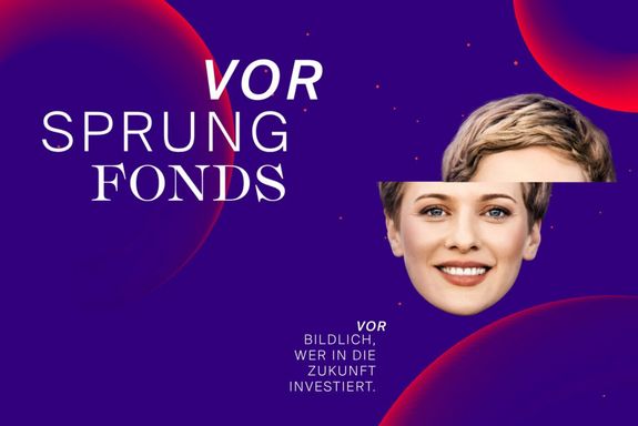 Sujet of Vorsprung Fond. Purple background with woman's head. Text translated from German: "Exemplary who invests in the future." 