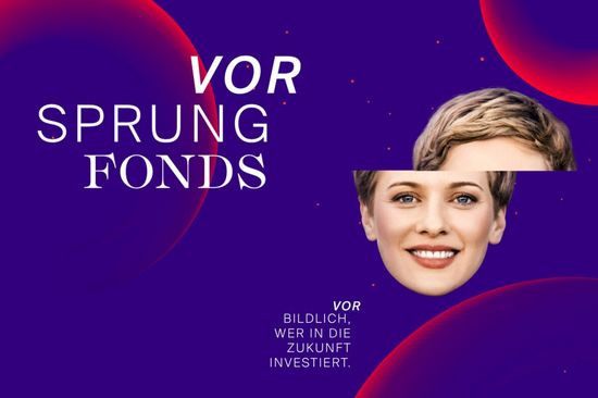 Vorsprung Fond Sujet. Lila Hintergrund mit Frauenkopf. Text: Vorbildlich, wer in die Zukunft investiert. 