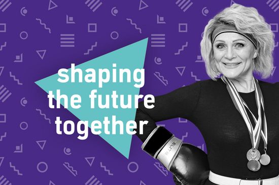 The inscription "shaping the future together" on a turquoise background. Behind it a lady with boxing gloves.