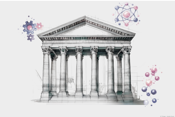 Grafik: Tempel im griechischem Stil mit chemischen, phsikalischen und technischen Symbolen 