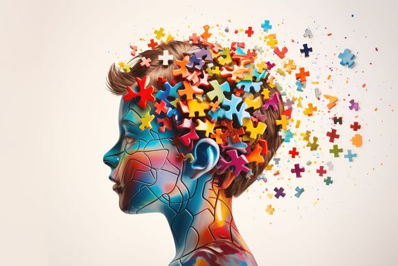 linksblickende Person, vom Kopf fliegen Puzzleteile