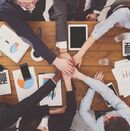 Eine Gruppe von Menschen kommt zusammen, indem sie ihre Hände in der Mitte zusammenlegen, um Kooperation zu zeigen. 