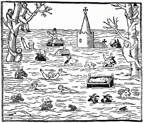 Schwarz-weiß Zeichnung vom Hochwasser in Bristol 1607