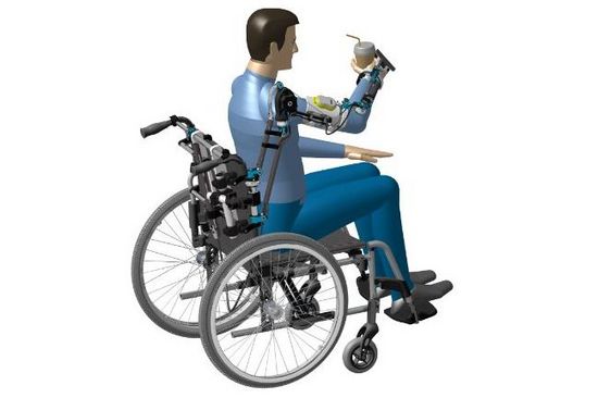 Drawing of a man in a wheel chair using the inclination mechanism for arm-exoskeletons  with link to PDF "INCLINATION MECHANISM FOR ARM-EXOSKELETONS WITH OPTIONAL GRAVITY SUPPORT"
