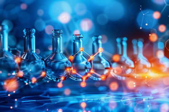 3D illustration of chemistry concepts set against a blue background for laboratory science themes