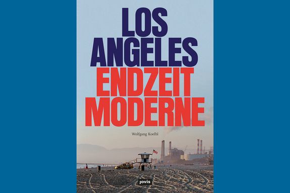 Strand von Los Angeles mit Text: Los Angeles Endzeit Moderne.
