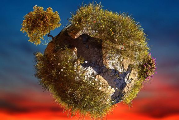 [Translate to English:] Ein teils begraster Planet, dessen Kruste auseinanderbricht. Obenauf ein Baum. 