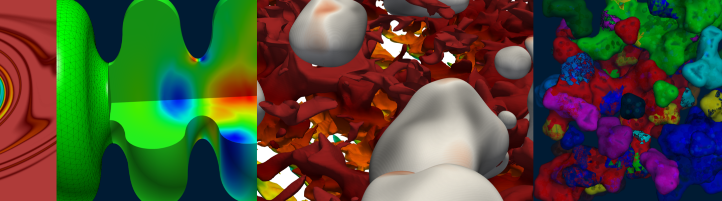 page banner: simulations of (1) pressure variations in a resonator, (2) fluid dynamics in a liquid with bubbles and (3) molecular clusters