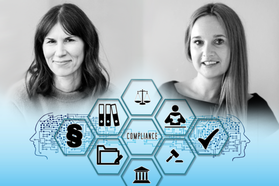 Compliance Officers Verena Dolovai und Elke Sagmeister mit Grafiken rund um das Thema Compliance