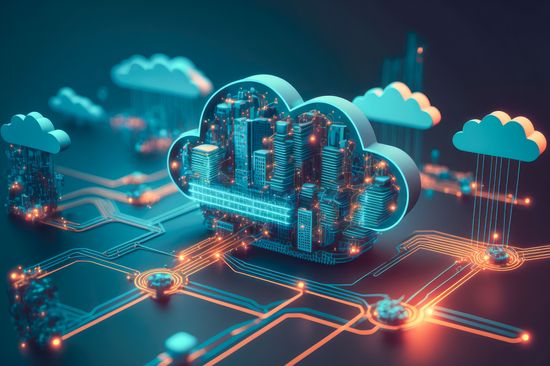 KonzepCloud-Computing-Technologie. Futuristische Illustration. Generative KI. 