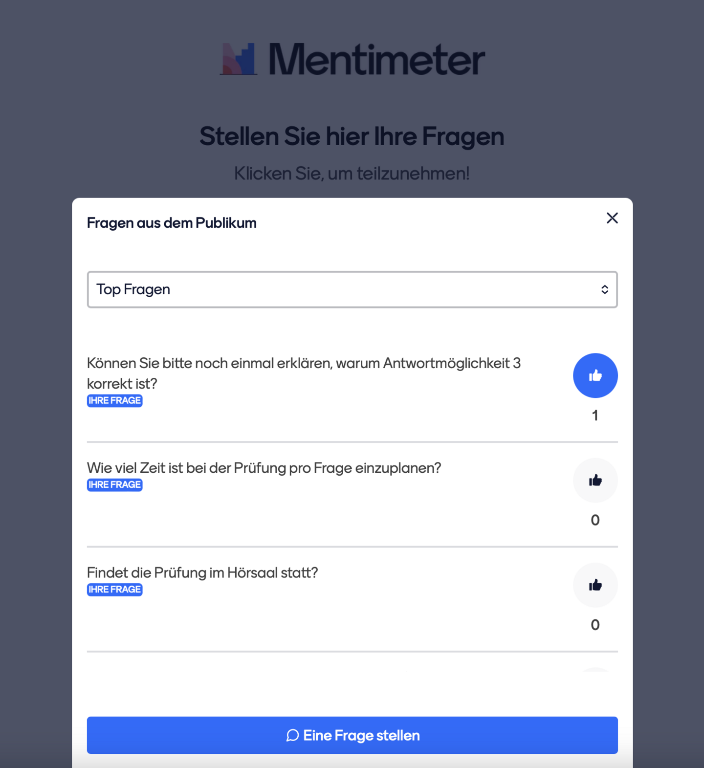Bildschirmansicht des Fragetyps Q and A