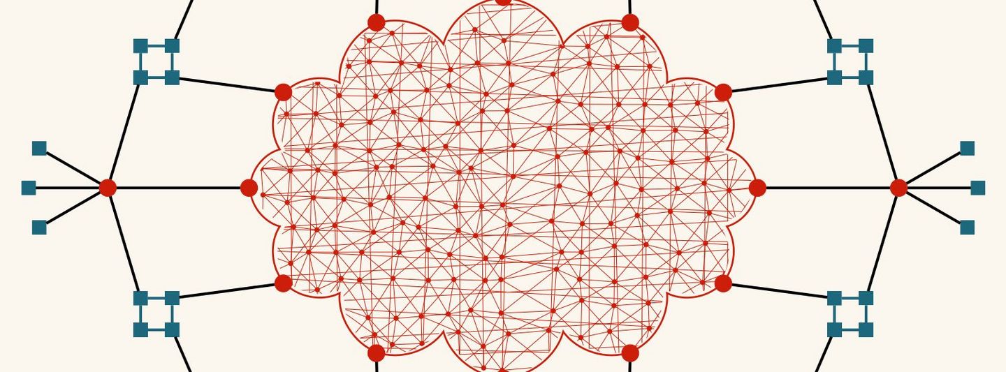 Netzwerk, das wie eine Schneeflocke in Rot und Blau aussieht. Schmuckbild