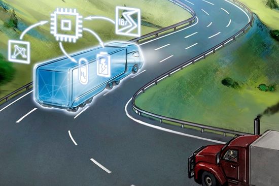 Truck on a three-lane road left and right Landscape with trees