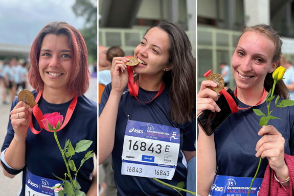 Collage mit drei Teilnehmerinnen des Frauenlaufs. Alle halten ihre Medaille hoch und eine Rose.