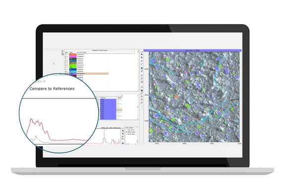 Computerdisplay zeigt Microplastics Finder Software Funktion an: Vergleich der Referenzspektren oder Spektren benachbarter Pixel