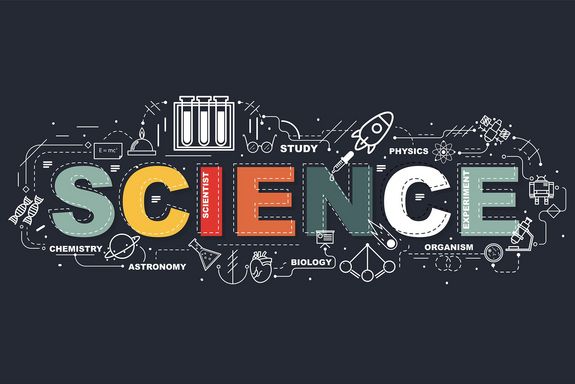 schwarzer Hintergrund, in bunt das Wort Science, in weiß und kleiner Schrift die unterschiedlichen Disziplinen wie Biology, Physics, Chemistry