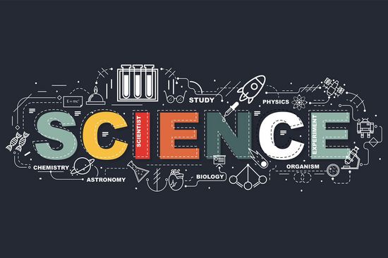 schwarzer Hintergrund, in bunt das Wort Science, in weiß und kleiner Schrift die unterschiedlichen Disziplinen wie Biology, Physics, Chemistry