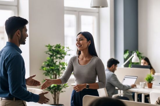 A woman greets a man in an open-plan office. They come from different backgrounds.