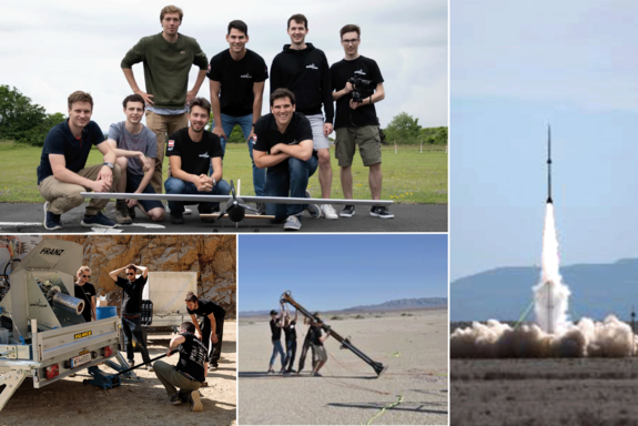 Collage aus vier Bildern: o.l. Gruppenfoto mit 8 Personen, unten kleines Flugzeug, re: Raktenstart, u.li: Gruppe bei Vorbereitungen, 2. unten, Mitte: 3 Personen richten eine Rakete auf.