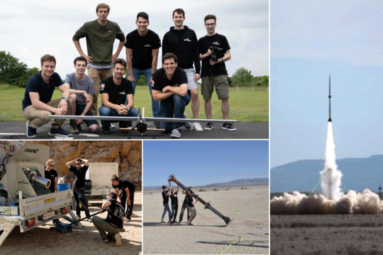 Collage aus vier Bildern: o.l. Gruppenfoto mit 8 Personen, unten kleines Flugzeug, re: Raktenstart, u.li: Gruppe bei Vorbereitungen, 2. unten, Mitte: 3 Personen richten eine Rakete auf.