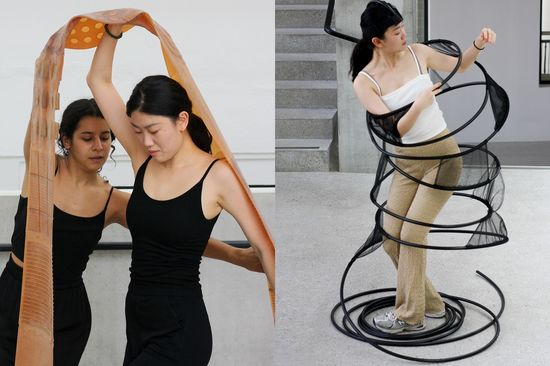The photos sho\v moments from the moveme11t improvisations done by Hongshang Bi  and Angelina Papachristou. The two showcased wearables are designed and fabricated by Eleftheria Biliani and Ilektra Vasileiou (left), and Aikaterini Brouma and Vit Kucerovsky (right)